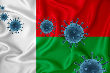Madagascar flag. Blue viral cells, pandemic influenza virus epidemic infection, coronavirus, infection concept. 3d-rendering.の写真素材