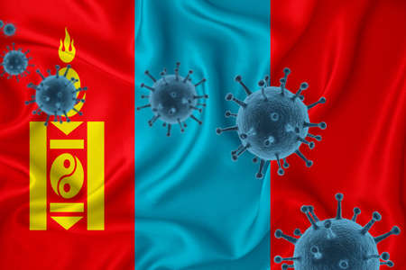 mongolia flag. Blue viral cells, pandemic influenza virus epidemic infection, coronavirus, infection concept. 3d-rendering.の写真素材