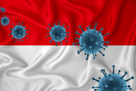 Monaco flag. Blue viral cells, pandemic influenza virus epidemic infection, coronavirus, infection concept. 3d-rendering.の写真素材
