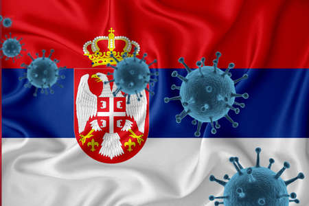 Serbian flag. Blue viral cells, pandemic influenza virus epidemic infection, coronavirus, infection concept. 3d-rendering.の写真素材