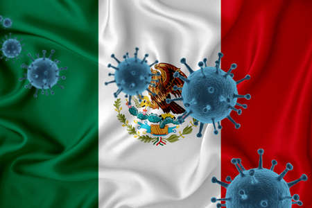 Mexico flag. Blue viral cells, pandemic influenza virus epidemic infection, coronavirus, infection concept. 3d-rendering.の写真素材