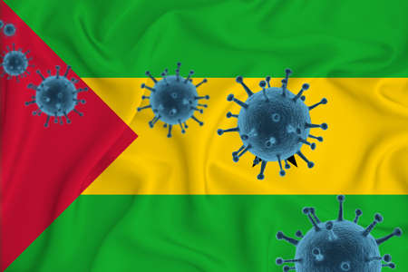 Sao Tome flag. Blue viral cells, pandemic influenza virus epidemic infection, coronavirus, infection concept. 3d-rendering.の写真素材