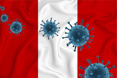 Peru flag. Blue viral cells, pandemic influenza virus epidemic infection, coronavirus, infection concept. 3d-rendering.の写真素材