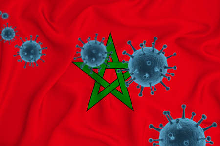 Morocco flag. Blue viral cells, pandemic influenza virus epidemic infection, coronavirus, infection concept. 3d-rendering.の写真素材