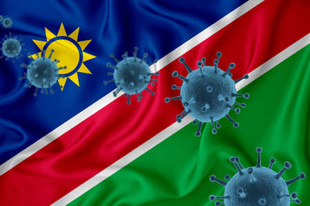 Namibia flag. Blue viral cells, pandemic influenza virus epidemic infection, coronavirus, infection concept. 3d-rendering.の写真素材