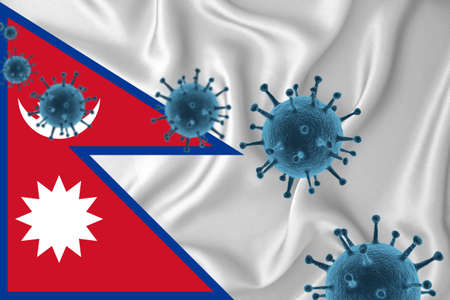Nepal flag. Blue viral cells, pandemic influenza virus epidemic infection, coronavirus, infection concept. 3d-rendering.の写真素材