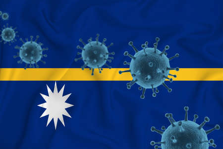 Nauru flag. Blue viral cells, pandemic influenza virus epidemic infection, coronavirus, infection concept. 3d-rendering.の写真素材