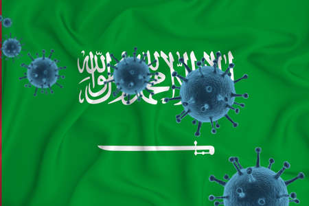 Saudi Arabia flag. Blue viral cells, pandemic influenza virus epidemic infection, coronavirus, infection concept. 3d-rendering.の写真素材