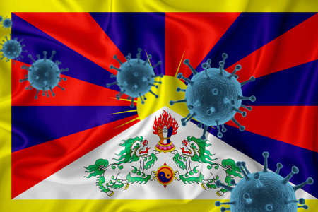 Tibet flag. Blue viral cells, pandemic influenza virus epidemic infection, coronavirus, infection concept. 3d-rendering.の写真素材