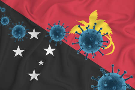 Papua New Guinea flag. Blue viral cells, pandemic influenza virus epidemic infection, coronavirus, infection concept. 3d-rendering.の写真素材
