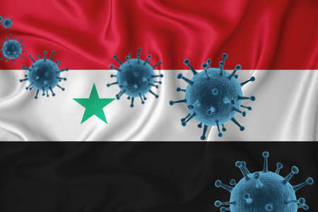 Syria flag. Blue viral cells, pandemic influenza virus epidemic infection, coronavirus, infection concept. 3d-rendering.の写真素材