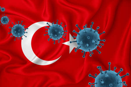Turkey flag. Blue viral cells, pandemic influenza virus epidemic infection, coronavirus, infection concept. 3d-rendering.の写真素材