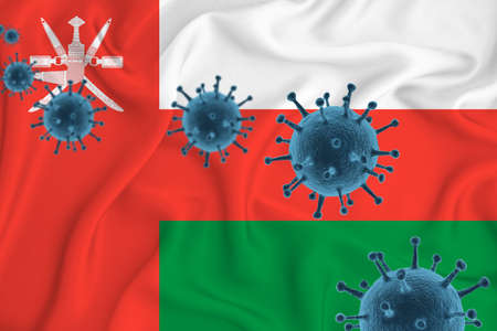Oman flag. Blue viral cells, pandemic influenza virus epidemic infection, coronavirus, infection concept. 3d-rendering.の写真素材