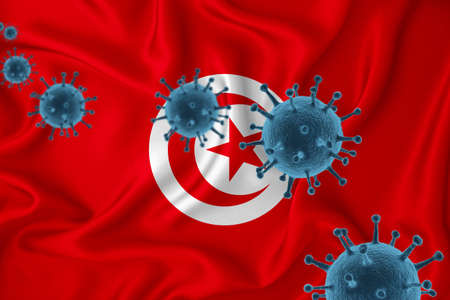Tunisia flag. Blue viral cells, pandemic influenza virus epidemic infection, coronavirus, infection concept. 3d-rendering.の写真素材