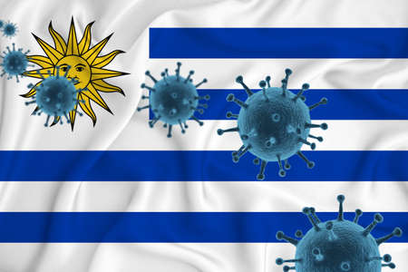 Uruguay flag. Blue viral cells, pandemic influenza virus epidemic infection, coronavirus, infection concept. 3d-rendering.の写真素材