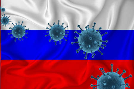 Russia flag. Blue viral cells, pandemic influenza virus epidemic infection, coronavirus, infection concept. 3d-rendering.の写真素材