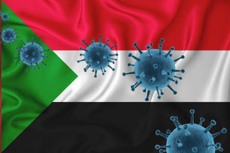 Sudan flag. Blue viral cells, pandemic influenza virus epidemic infection, coronavirus, infection concept. 3d-rendering.の写真素材