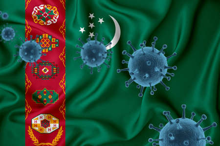 turkmenistan flag. Blue viral cells, pandemic influenza virus epidemic infection, coronavirus, infection concept. 3d-rendering.の写真素材