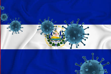 Salvador flag. Blue viral cells, pandemic influenza virus epidemic infection, coronavirus, infection concept. 3d-rendering.の写真素材