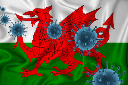 Wales flag. Blue viral cells, pandemic influenza virus epidemic infection, coronavirus, infection concept. 3d-rendering.の写真素材