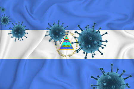 Nicaragua flag. Blue viral cells, pandemic influenza virus epidemic infection, coronavirus, infection concept. 3d-rendering.の写真素材