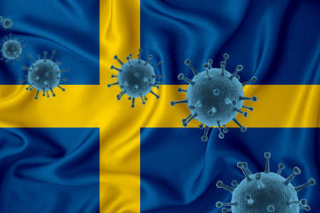 Sweden flag. Blue viral cells, pandemic influenza virus epidemic infection, coronavirus, infection concept. 3d-rendering.の写真素材