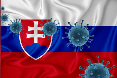 Slovakia flag. Blue viral cells, pandemic influenza virus epidemic infection, coronavirus, infection concept. 3d-rendering.の写真素材
