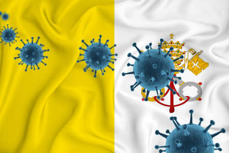 Vatican flag. Blue viral cells, pandemic influenza virus epidemic infection, coronavirus, infection concept. 3d-rendering.の写真素材