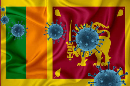 Sri Lanka flag. Blue viral cells, pandemic influenza virus epidemic infection, coronavirus, infection concept. 3d-rendering.の写真素材