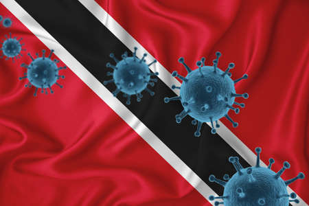 Trinidad and Tobago flag. Blue viral cells, pandemic influenza virus epidemic infection, coronavirus, infection concept. 3d-rendering.の写真素材