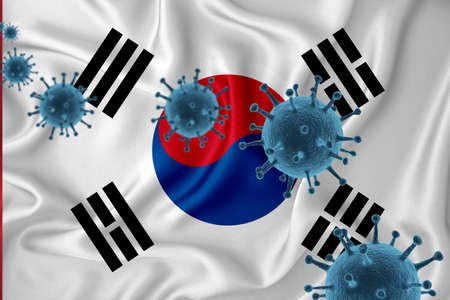 South Korean flag. Blue viral cells, pandemic influenza virus epidemic infection, coronavirus, infection concept. 3d-rendering.の写真素材