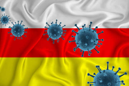 south ossetia flag. Blue viral cells, pandemic influenza virus epidemic infection, coronavirus, infection concept. 3d-rendering.の写真素材