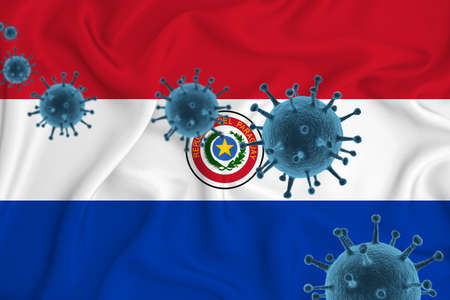 Paraguai flag. Blue viral cells, pandemic influenza virus epidemic infection, coronavirus, infection concept. 3d-rendering.の写真素材