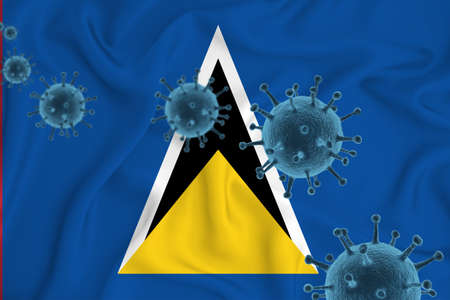 Saint Lucia flag. Blue viral cells, pandemic influenza virus epidemic infection, coronavirus, infection concept. 3d-rendering.の写真素材