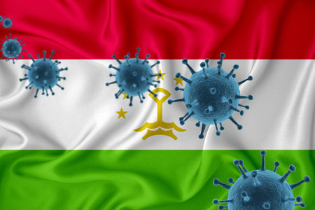 Tajikistan flag. Blue viral cells, pandemic influenza virus epidemic infection, coronavirus, infection concept. 3d-rendering.の写真素材