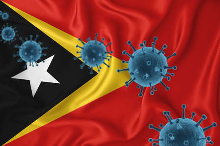 timor flag. Blue viral cells, pandemic influenza virus epidemic infection, coronavirus, infection concept. 3d-rendering.の写真素材