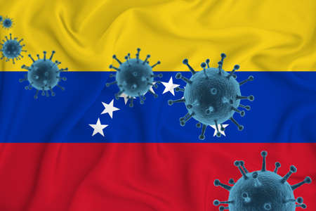 Venezuela flag. Blue viral cells, pandemic influenza virus epidemic infection, coronavirus, infection concept. 3d-rendering.の写真素材