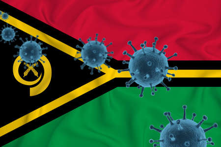 vanuatu flag. Blue viral cells, pandemic influenza virus epidemic infection, coronavirus, infection concept. 3d-rendering.の写真素材