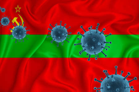 Transnistria flag. Blue viral cells, pandemic influenza virus epidemic infection, coronavirus, infection concept. 3d-rendering.の写真素材