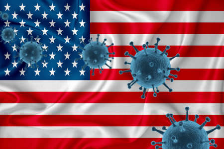 US flag. Blue viral cells, pandemic influenza virus epidemic infection, coronavirus, infection concept. 3d-rendering.の写真素材