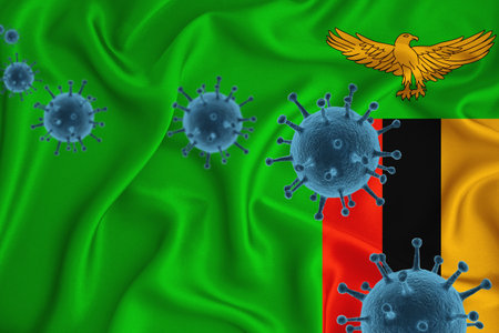 Zambia flag. Blue viral cells, pandemic influenza virus epidemic infection, coronavirus, infection concept. 3d-rendering.の写真素材