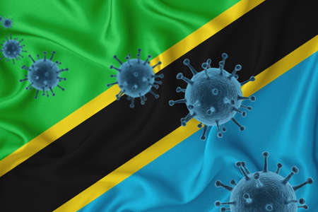tanzania flag. Blue viral cells, pandemic influenza virus epidemic infection, coronavirus, infection concept. 3d-rendering.の写真素材
