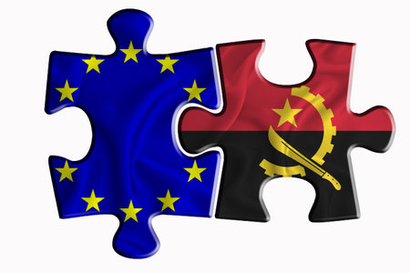 Angola flag and European Union flag on two puzzle pieces on white isolated background. The concept of political relations. 3D renderingの写真素材