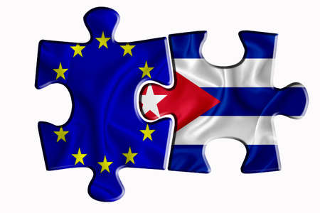 Cuba flag and European Union flag on two puzzle pieces on white isolated background. The concept of political relations. 3D renderingの写真素材
