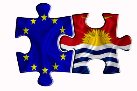 Kiribati flag and European Union flag on two puzzle pieces on white isolated background. The concept of political relations. 3D renderingの写真素材