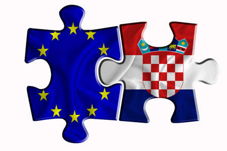 Croatia flag and European Union flag on two puzzle pieces on white isolated background. The concept of political relations. 3D renderingの写真素材