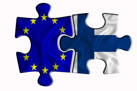 Finland flag and European Union flag on two puzzle pieces on white isolated background. The concept of political relations. 3D renderingの写真素材