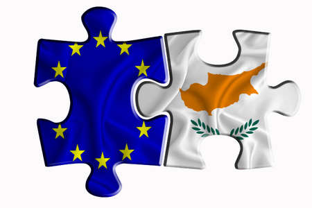 Cyprus flag and European Union flag on two puzzle pieces on white isolated background. The concept of political relations. 3D renderingの写真素材