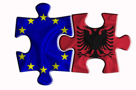 Albania flag and European Union flag on two puzzle pieces on white isolated background. The concept of political relations. 3D renderingの写真素材
