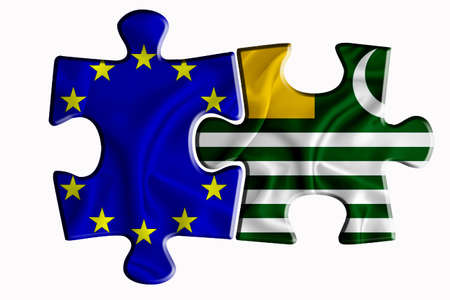 azad kashmir flag and European Union flag on two puzzle pieces on white isolated background. The concept of political relations. 3D renderingの写真素材